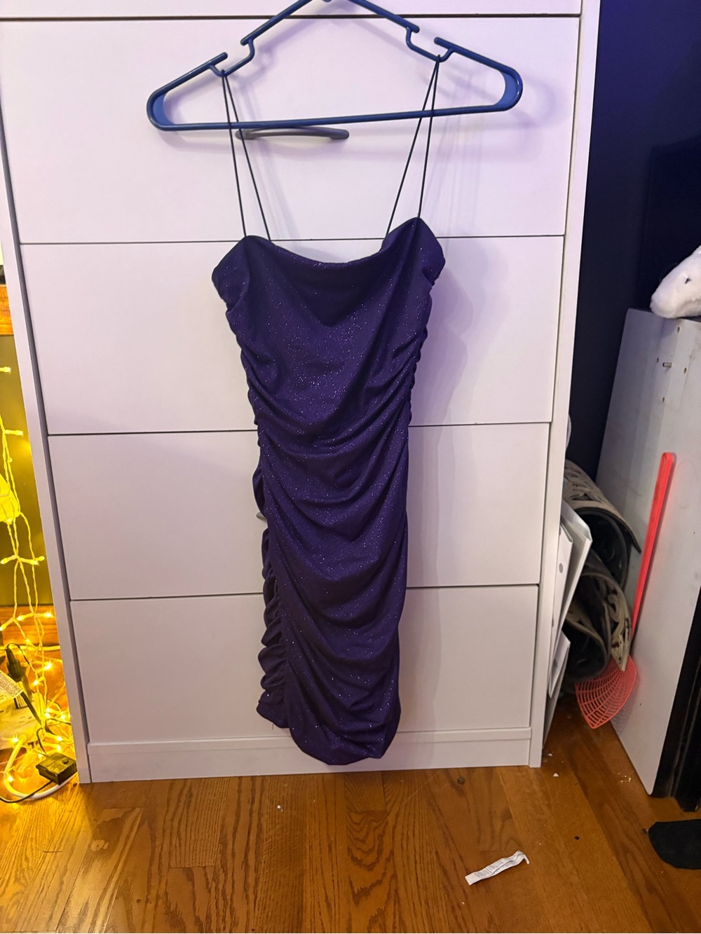 Macy's Sparkle Purple Ruched Spaghetti-Strap Mini Dress
